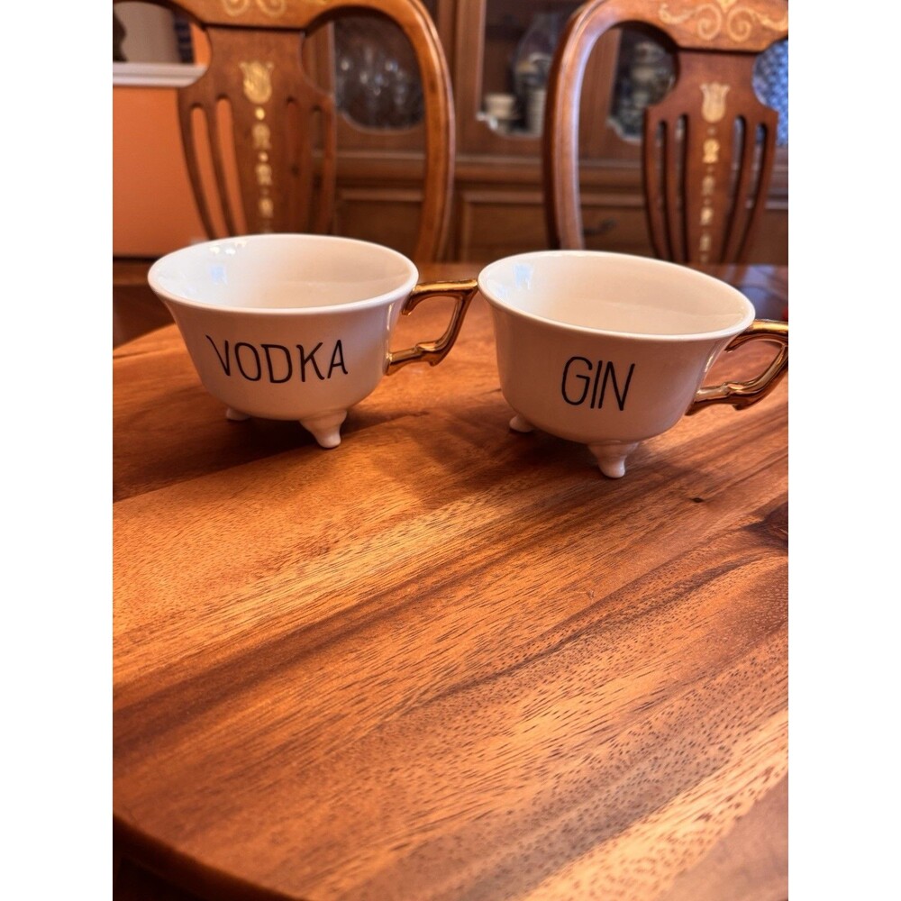 Creative co-op Humorous 3 Footed Gold Handled 8 oz Mug Cup Gin & Vodka Set Of 2